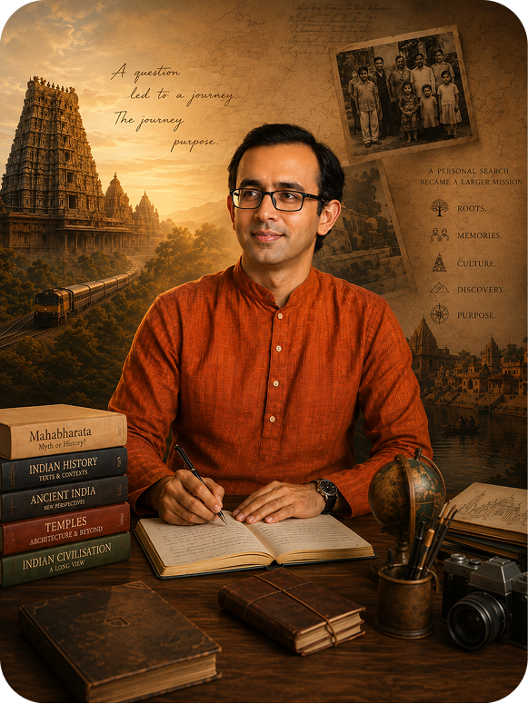 Chandru Ramesh, founder of Bhumivox, seated at a desk surrounded by books on Indian history